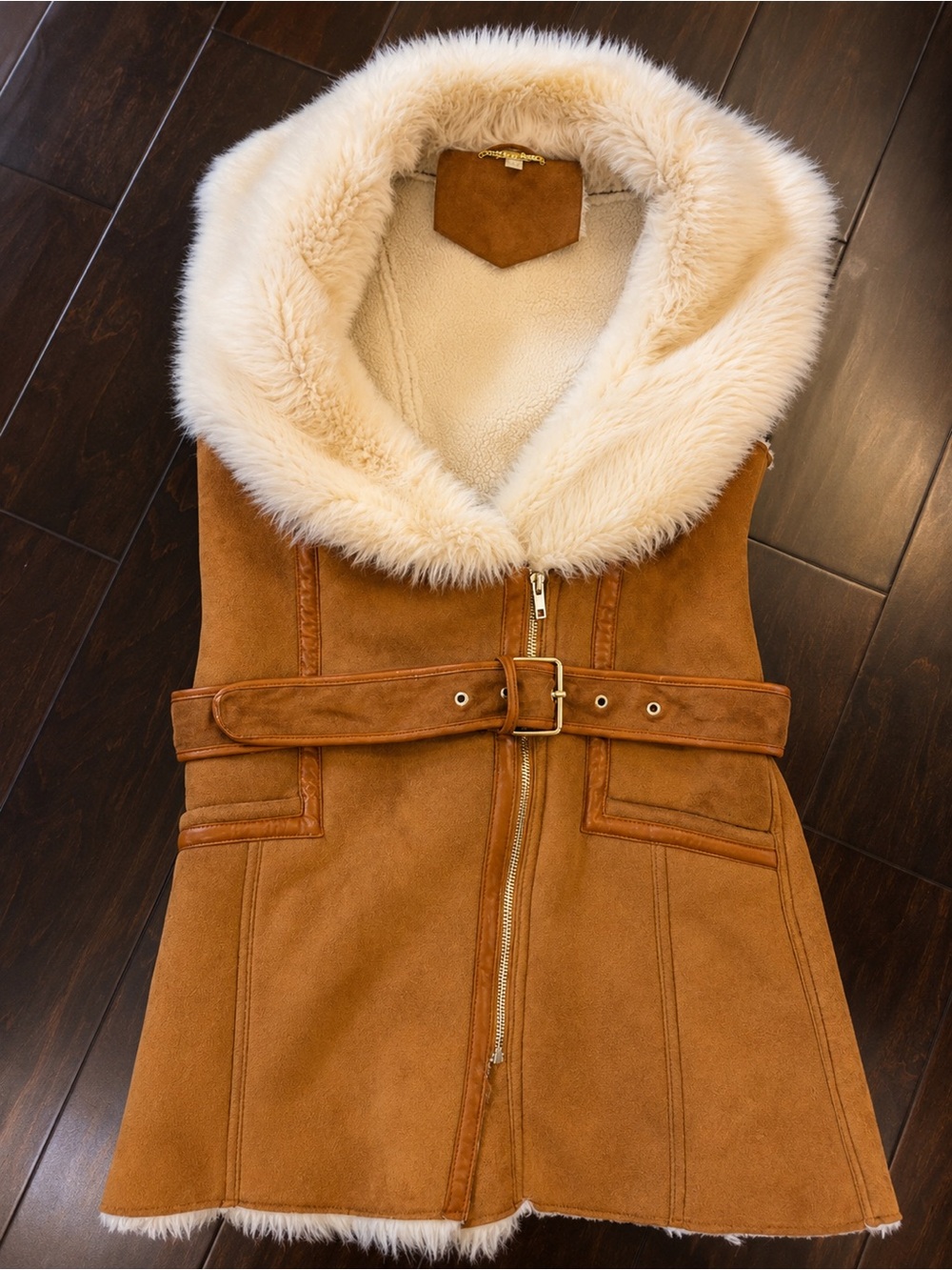 Gianni Bini Tan Faux-Suede Shearling Vest with Cream Fur Collar